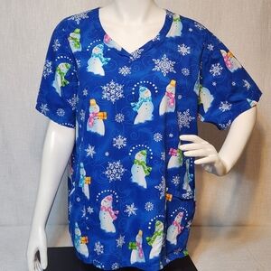 Bring It On Bio Scrubs Top Cotton Winter Snowmen Happy Face XL Xtra Large